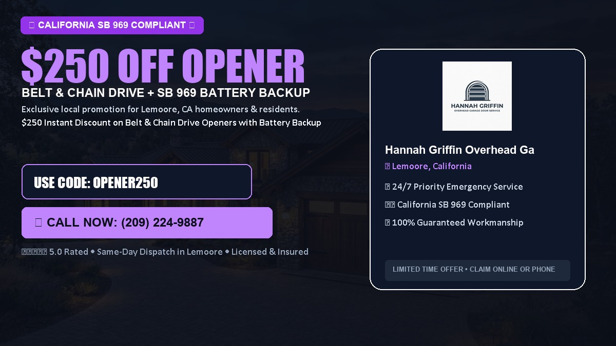 $250 OFF Smart Garage Door Opener Installation (Belt & Chain Drive with California SB 969 Battery Backup) in Lemoore, CA